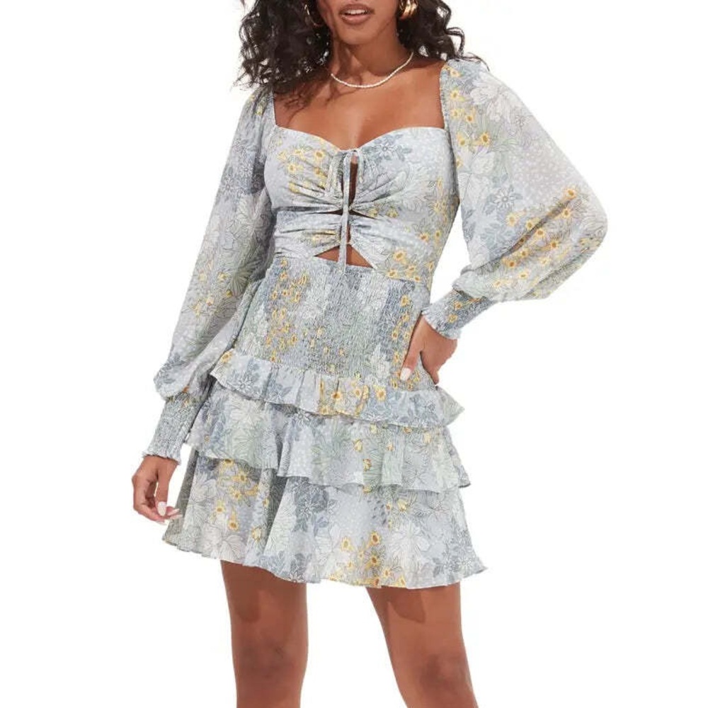 Astr Long Sleeve Floral Dress in Blue and Yellow